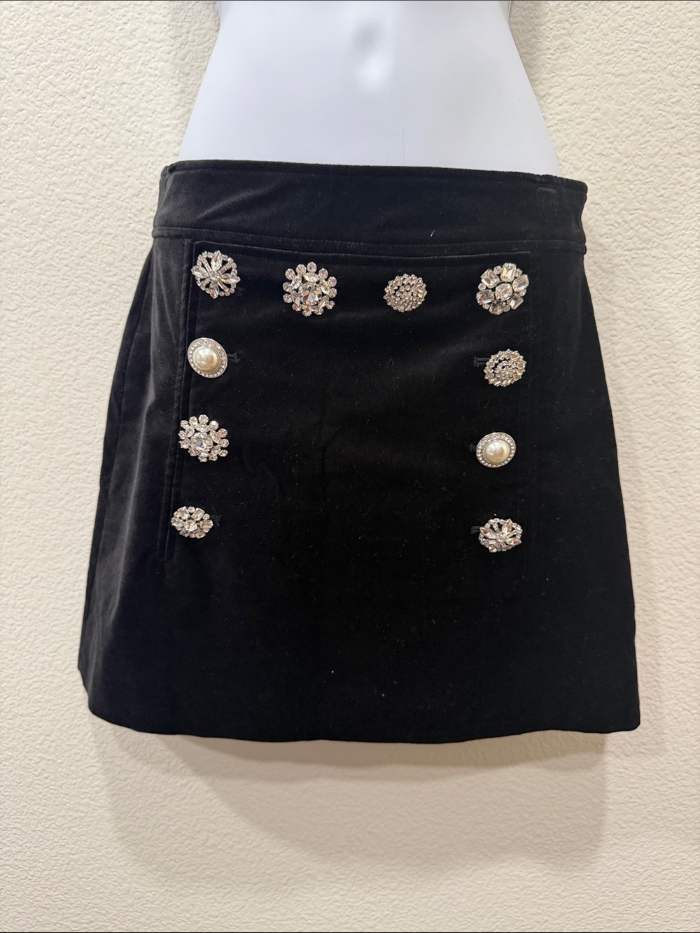 Veronica Beard Ording Velvet Crystal Button Mini Skirt Black Size 0